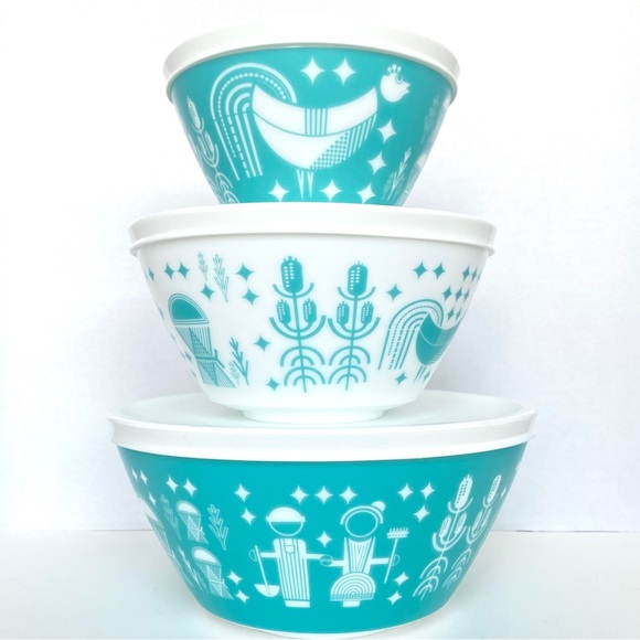 SOLD Pyrex 100th Anniversary Bowl Set Vintage Charm Rise & Shine Amish Blue - Picture 3 of 9